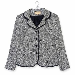 Bergamo by EBI Black White Tweed Boucle Beaded Ruffle Trim Button Front Blazer